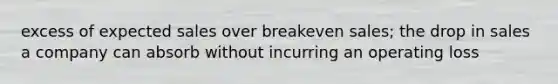 excess of expected sales over breakeven sales; the drop in sales a company can absorb without incurring an operating loss