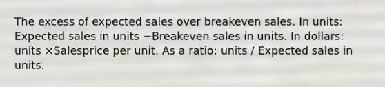 The excess of expected sales over breakeven sales. In units: Expected sales in units −Breakeven sales in units. In dollars: units ×Salesprice per unit. As a ratio: units / Expected sales in units.