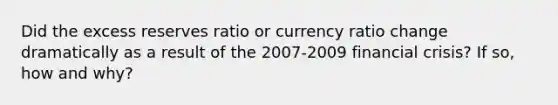 Did the excess reserves ratio or currency ratio change dramatically as a result of the 2007-2009 financial crisis? If so, how and why?