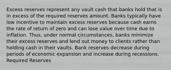 Excess reserves represent any vault cash that banks hold that is in excess of the required reserves amount. Banks typically have low incentive to maintain excess reserves because cash earns the rate of return of zero and can lose value over time due to inflation. Thus, under normal circumstances, banks minimize their excess reserves and lend out money to clients rather than holding cash in their vaults. Bank reserves decrease during periods of economic expansion and increase during recessions. Required Reserves