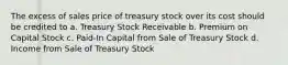 The excess of sales price of treasury stock over its cost should be credited to a. Treasury Stock Receivable b. Premium on Capital Stock c. Paid-In Capital from Sale of Treasury Stock d. Income from Sale of Treasury Stock