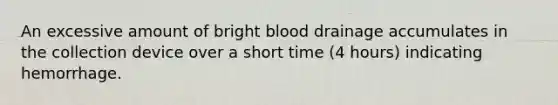 An excessive amount of bright blood drainage accumulates in the collection device over a short time (4 hours) indicating hemorrhage.