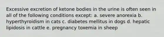 Excessive excretion of ketone bodies in the urine is often seen in all of the following conditions except: a. severe anorexia b. hyperthyroidism in cats c. diabetes mellitus in dogs d. hepatic lipidosis in cattle e. pregnancy toxemia in sheep