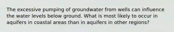 The excessive pumping of groundwater from wells can influence the water levels below ground. What is most likely to occur in aquifers in coastal areas than in aquifers in other regions?