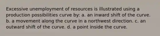 ​Excessive unemployment of resources is illustrated using a production possibilities curve by: a. an inward shift of the curve. b. a movement along the curve in a northwest direction. c. an outward shift of the curve. d. a point inside the curve.