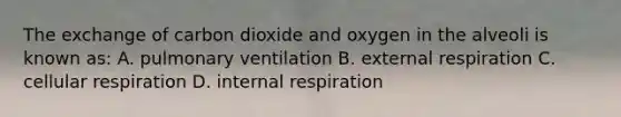 The exchange of carbon dioxide and oxygen in the alveoli is known as: A. pulmonary ventilation B. external respiration C. cellular respiration D. internal respiration