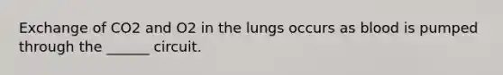 Exchange of CO2 and O2 in the lungs occurs as blood is pumped through the ______ circuit.