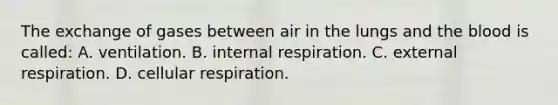 The exchange of gases between air in the lungs and the blood is called: A. ventilation. B. internal respiration. C. external respiration. D. cellular respiration.