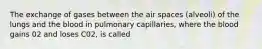 The exchange of gases between the air spaces (alveoli) of the lungs and the blood in pulmonary capillaries, where the blood gains 02 and loses C02, is called