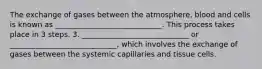 The exchange of gases between the atmosphere, blood and cells is known as _____________________________. This process takes place in 3 steps. 3. _____________________________ or _____________________________, which involves the exchange of gases between the systemic capillaries and tissue cells.