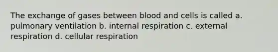 The exchange of gases between blood and cells is called a. pulmonary ventilation b. internal respiration c. external respiration d. <a href='https://www.questionai.com/knowledge/k1IqNYBAJw-cellular-respiration' class='anchor-knowledge'>cellular respiration</a>