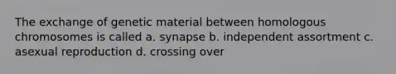 The exchange of genetic material between homologous chromosomes is called a. synapse b. independent assortment c. asexual reproduction d. crossing over