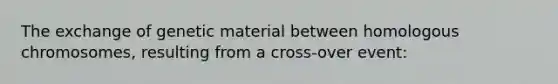 The exchange of genetic material between homologous chromosomes, resulting from a cross-over event: