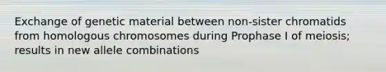 Exchange of genetic material between non-sister chromatids from homologous chromosomes during Prophase I of meiosis; results in new allele combinations
