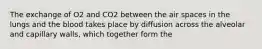 The exchange of O2 and CO2 between the air spaces in the lungs and the blood takes place by diffusion across the alveolar and capillary walls, which together form the