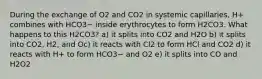 During the exchange of O2 and CO2 in systemic capillaries, H+ combines with HCO3− inside erythrocytes to form H2CO3. What happens to this H2CO3? a) it splits into CO2 and H2O b) it splits into CO2, H2, and Oc) it reacts with Cl2 to form HCl and CO2 d) it reacts with H+ to form HCO3− and O2 e) it splits into CO and H2O2