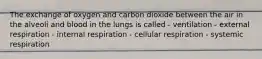 The exchange of oxygen and carbon dioxide between the air in the alveoli and blood in the lungs is called - ventilation - external respiration - internal respiration - cellular respiration - systemic respiration