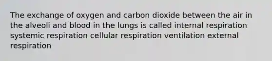 The exchange of oxygen and carbon dioxide between the air in the alveoli and blood in the lungs is called internal respiration systemic respiration cellular respiration ventilation external respiration