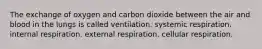 The exchange of oxygen and carbon dioxide between the air and blood in the lungs is called ventilation. systemic respiration. internal respiration. external respiration. cellular respiration.