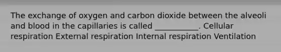 The exchange of oxygen and carbon dioxide between the alveoli and blood in the capillaries is called ___________. Cellular respiration External respiration Internal respiration Ventilation