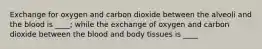 Exchange for oxygen and carbon dioxide between the alveoli and the blood is ____; while the exchange of oxygen and carbon dioxide between the blood and body tissues is ____