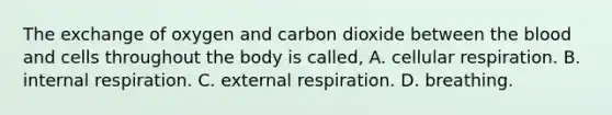 The exchange of oxygen and carbon dioxide between the blood and cells throughout the body is called, A. cellular respiration. B. internal respiration. C. external respiration. D. breathing.