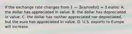 If the exchange rate changes from 1 = 2 euros to1 = 3 euros: A. the dollar has appreciated in value. B. the dollar has depreciated in value. C. the dollar has neither appreciated nor depreciated, but the euro has appreciated in value. D. U.S. exports to Europe will increase.