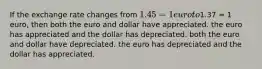 If the exchange rate changes from 1.45 = 1 euro to1.37 = 1 euro, then both the euro and dollar have appreciated. the euro has appreciated and the dollar has depreciated. both the euro and dollar have depreciated. the euro has depreciated and the dollar has appreciated.