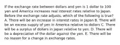 If the exchange rate between dollars and yen is 1 dollar to 100 yen and America increases real interest rates relative to Japan. Before the exchange rate adjusts, which of the following is true? A. There will be an increase in interest rates in Japan B. There will be an excess supply of yen in America relative to dollars C. There will be a surplus of dollars in Japan relative to yen. D. There will be a depreciation of the dollar against the yen. E. There will be no reason for a change in exchange rates.