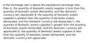 If the exchange rate is above the equilibrium exchange rate, then A. the quantity of domestic assets supplies is less than the quantity of domestic assets demanded, and the domestic currency will depreciate B. the quantity of domestic assets supplies is greater than the quantity of domestic assets demanded, and the domestic currency will depreciate C. the quantity of domestic assets supplied is greater than the quantity of domestic assets demanded, and the domestic currency will appreciate D. the quantity of domestic assets supplies is less than the quantity of domestic assets demanded, and the domestic currency will appreciate