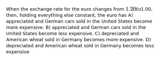 When the exchange rate for the euro changes from 1.20 to1.00, then, holding everything else constant, the euro has A) appreciated and German cars sold in the United States become more expensive. B) appreciated and German cars sold in the United States become less expensive. C) depreciated and American wheat sold in Germany becomes more expensive. D) depreciated and American wheat sold in Germany becomes less expensive