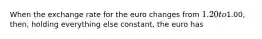 When the exchange rate for the euro changes from 1.20 to1.00, then, holding everything else constant, the euro has