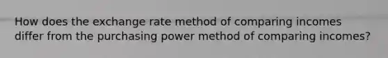 How does the exchange rate method of comparing incomes differ from the purchasing power method of comparing incomes?