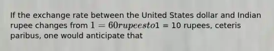 If the exchange rate between the United States dollar and Indian rupee changes from 1 = 60 rupees to1 = 10 rupees, ceteris paribus, one would anticipate that