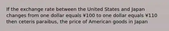 If the exchange rate between the United States and Japan changes from one dollar equals ¥100 to one dollar equals ¥110 then ceteris paraibus, the price of American goods in Japan