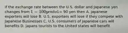 if the exchange rate between the U.S. dollar and Japanese yen changes from 1 = 100 yen to1= 90 yen then A. Japanese exporters will lose B. U.S. exporters will lose if they compete with Japanese Businesses C. U.S. consumers of Japanese cars will benefits D. japans tourists to the United states will benefit