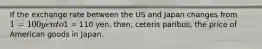 If the exchange rate between the US and Japan changes from 1 = 100 yen to1 = 110 yen, then, ceteris paribus, the price of American goods in Japan.