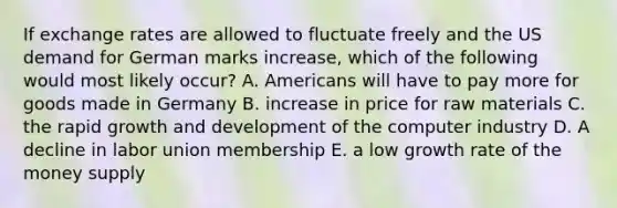 If exchange rates are allowed to fluctuate freely and the US demand for German marks increase, which of the following would most likely occur? A. Americans will have to pay more for goods made in Germany B. increase in price for raw materials C. the rapid growth and development of the computer industry D. A decline in labor union membership E. a low growth rate of the money supply