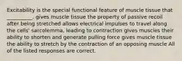 Excitability is the special functional feature of muscle tissue that __________. gives muscle tissue the property of passive recoil after being stretched allows electrical impulses to travel along the cells' sarcolemma, leading to contraction gives muscles their ability to shorten and generate pulling force gives muscle tissue the ability to stretch by the contraction of an opposing muscle All of the listed responses are correct.