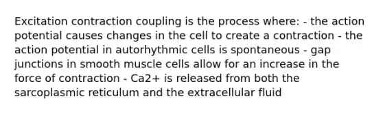 Excitation contraction coupling is the process where: - the action potential causes changes in the cell to create a contraction - the action potential in autorhythmic cells is spontaneous - gap junctions in smooth muscle cells allow for an increase in the force of contraction - Ca2+ is released from both the sarcoplasmic reticulum and the extracellular fluid