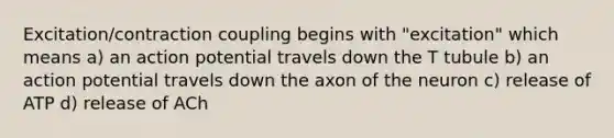 Excitation/contraction coupling begins with "excitation" which means a) an action potential travels down the T tubule b) an action potential travels down the axon of the neuron c) release of ATP d) release of ACh