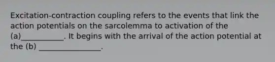 Excitation-contraction coupling refers to the events that link the action potentials on the sarcolemma to activation of the (a)___________. It begins with the arrival of the action potential at the (b) ________________.