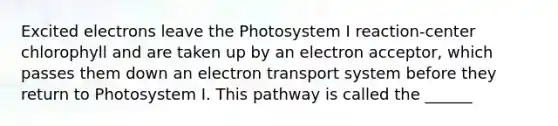 Excited electrons leave the Photosystem I reaction-center chlorophyll and are taken up by an electron acceptor, which passes them down an electron transport system before they return to Photosystem I. This pathway is called the ______