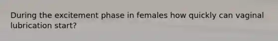 During the excitement phase in females how quickly can vaginal lubrication start?