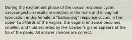 During the excitement phase of the sexual response cycle: vasocongestion results in erection in the male and in vaginal lubrication in the female. a "ballooning" response occurs in the upper two-thirds of the vagina. the vaginal entrance becomes smaller, and fluid secreted by the Cowper's gland appears at the tip of the penis. All answer choices are correct.