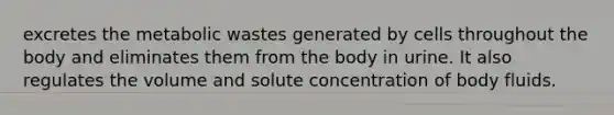 excretes the metabolic wastes generated by cells throughout the body and eliminates them from the body in urine. It also regulates the volume and solute concentration of body fluids.