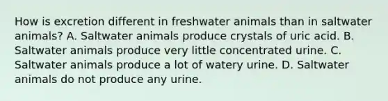 How is excretion different in freshwater animals than in saltwater animals? A. Saltwater animals produce crystals of uric acid. B. Saltwater animals produce very little concentrated urine. C. Saltwater animals produce a lot of watery urine. D. Saltwater animals do not produce any urine.