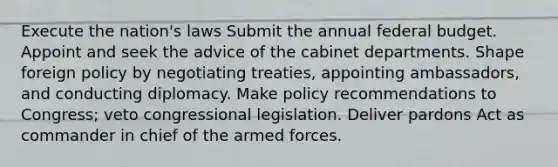 Execute the nation's laws Submit the annual federal budget. Appoint and seek the advice of the cabinet departments. Shape foreign policy by negotiating treaties, appointing ambassadors, and conducting diplomacy. Make policy recommendations to Congress; veto congressional legislation. Deliver pardons Act as commander in chief of the armed forces.