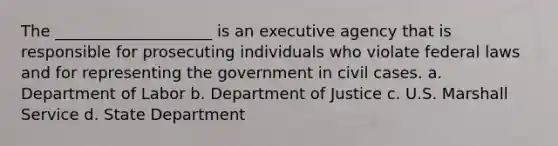 The ____________________ is an executive agency that is responsible for prosecuting individuals who violate federal laws and for representing the government in civil cases. a. Department of Labor b. Department of Justice c. U.S. Marshall Service d. State Department