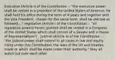 Executive (Article II of the Constitution -- "the executive power shall be vested in a president of the United States of America; He shall hold his office during the term of 4 years and together with the Vice President, chosen for the same term, shall be elected as followed:..." legislative (Article I of the Constitution -- "all legislative powers herein granted shall be vested in a Congress of the United States which shall consist of a Senate and a House of Representatives") , judicial (Article III of the Constitution -- "the judicial power shall extend to all cases in law and equity rising under this Constitution; the laws of the US and treaties made or which shall be made under their authority." they all watch out over each other